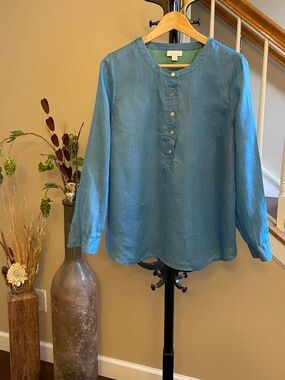 J. Jill Love Linen Popover Relaxed Fit Top Blouse in Blue Teal Size Medium